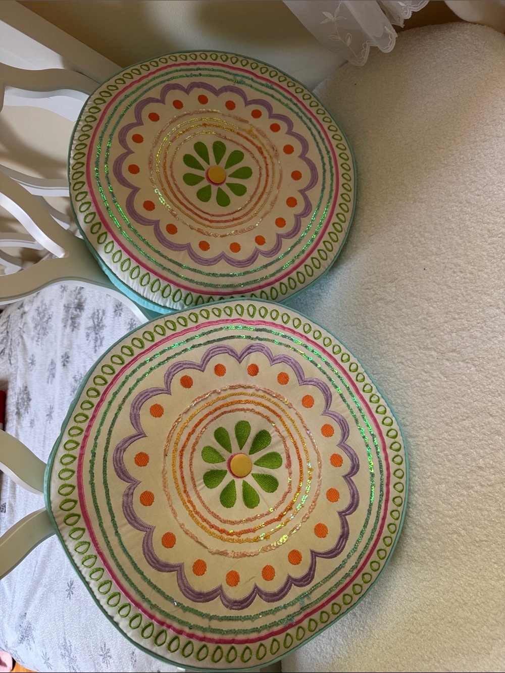 Embroidered Round Floral Seat Cushions — Green, Purple, Orange, Pink